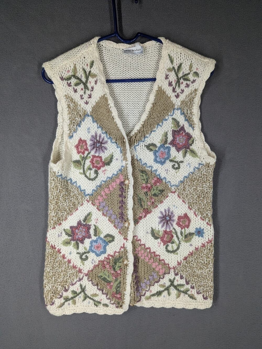 Vintage Adrian Delafield Sweater Vest Womens Small Cream Cottage Country